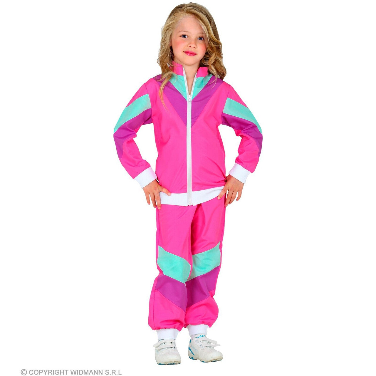 Op deze afbeelding zie je een Kostuums, van het merk Widmann. Jaren 80 Retro New Kids Trainingspak Roze Kind Kostuum
