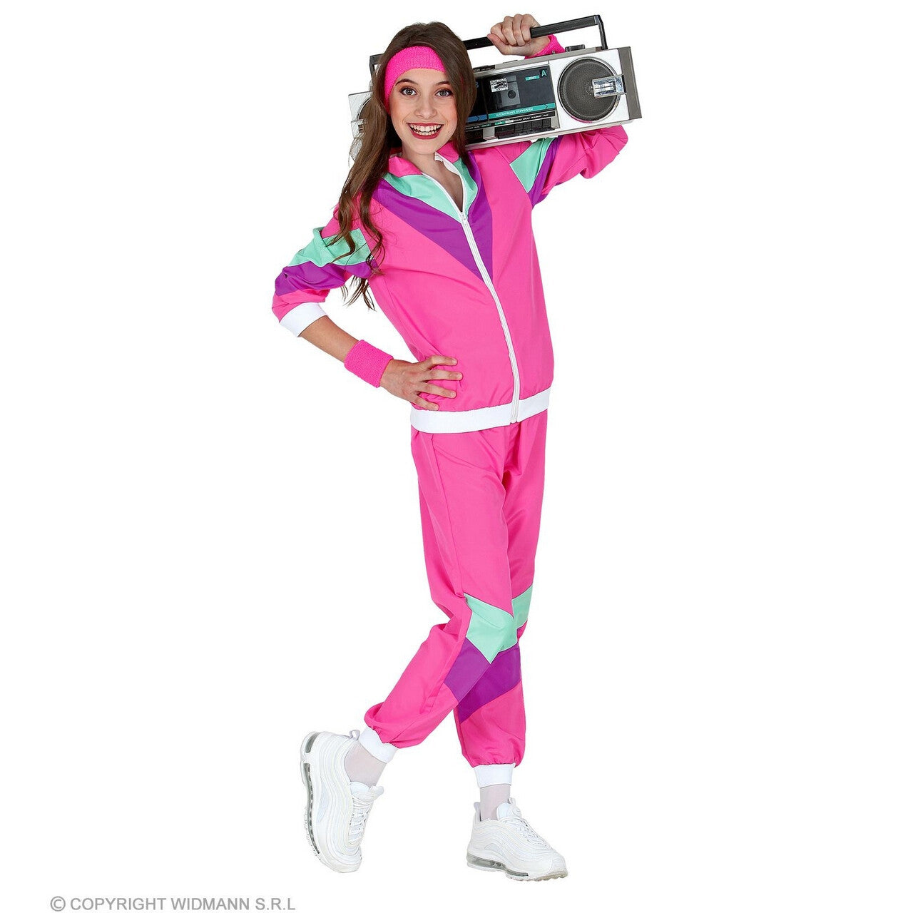 Op deze afbeelding zie je een Kostuums, van het merk Widmann. Jaren 80 Retro New Kids Trainingspak Roze Kind Kostuum