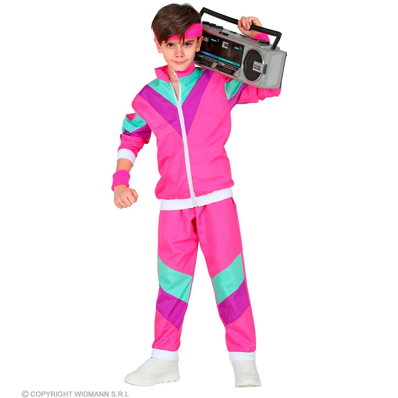 Op deze afbeelding zie je een Kostuums, van het merk Widmann. Jaren 80 Retro New Kids Trainingspak Roze Kind Kostuum