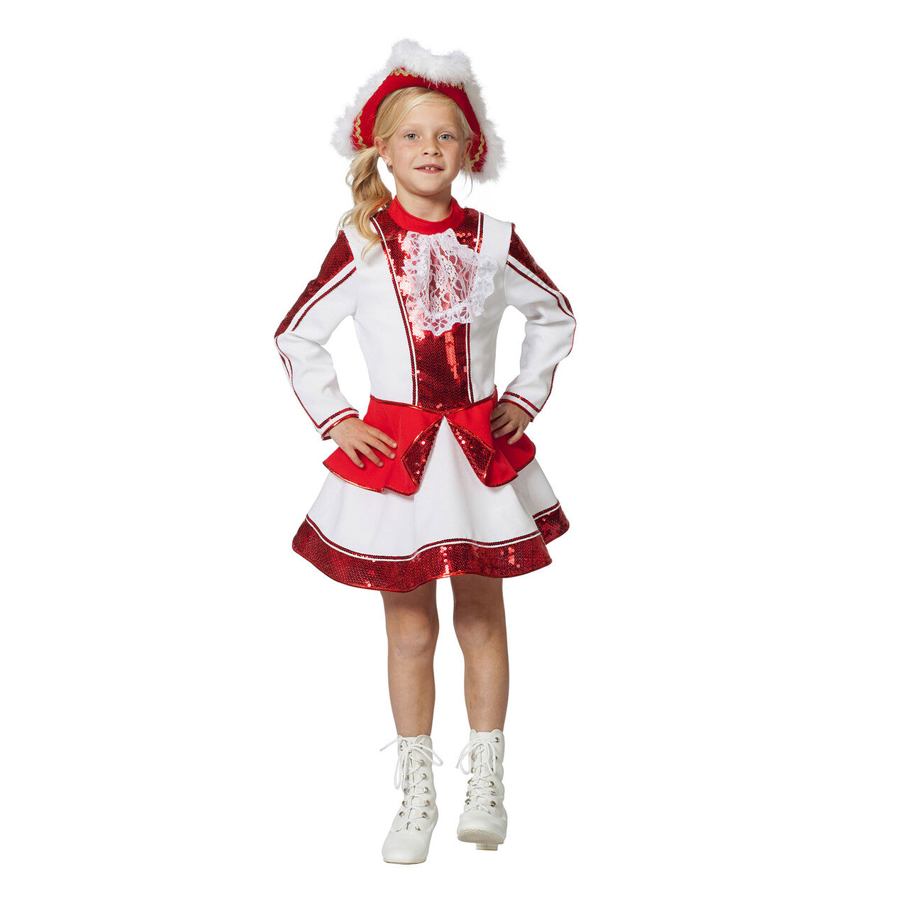 Op deze afbeelding zie je een Kostuums, van het merk Wilbers. Fancy Rood Witte Dansmarieke Meisje Kostuum