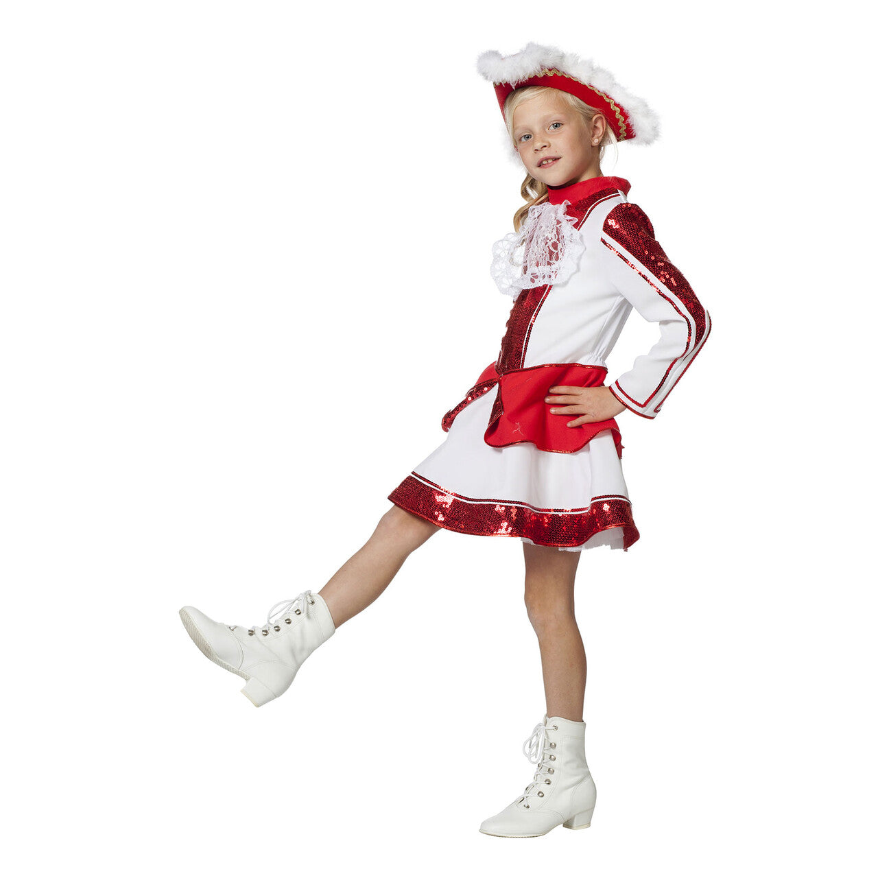 Op deze afbeelding zie je een Kostuums, van het merk Wilbers. Fancy Rood Witte Dansmarieke Meisje Kostuum
