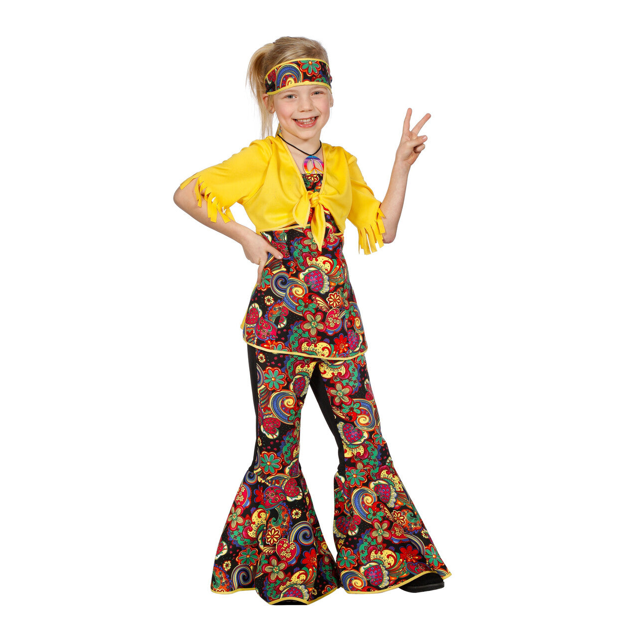 Op deze afbeelding zie je een Kostuums, van het merk Wilbers. Happy Hippie Meisje Kostuum