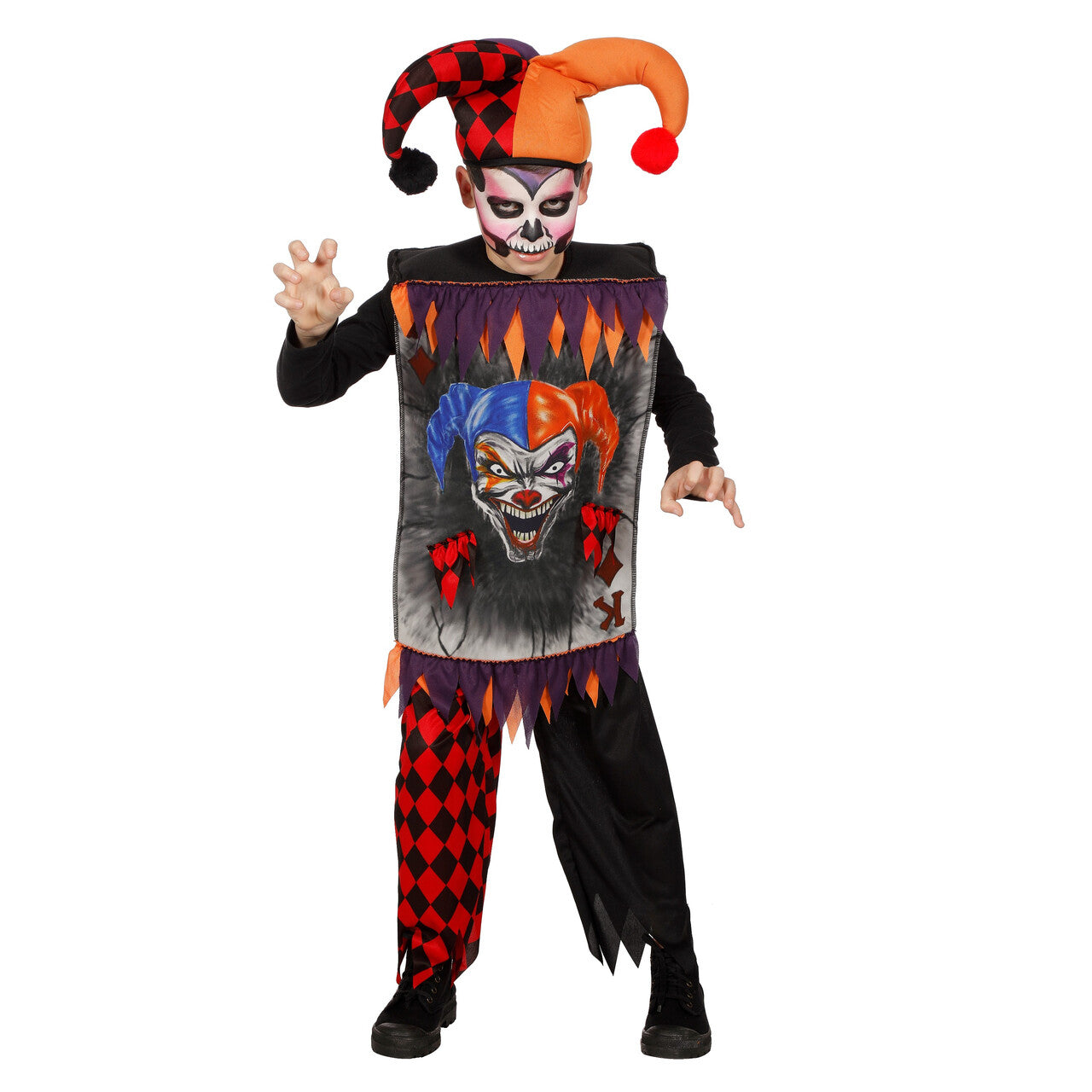 Op deze afbeelding zie je een Kostuums, van het merk Wilbers. Scary Joker Jongen Kostuum