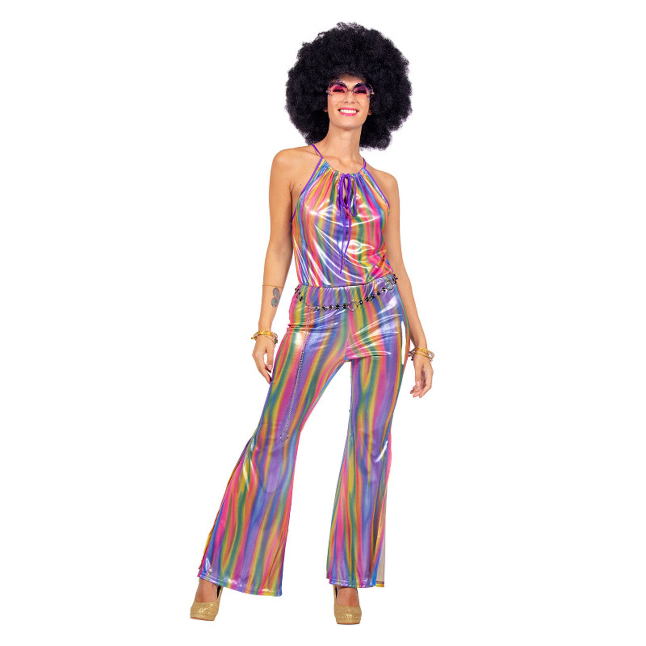 Op deze afbeelding zie je een Kostuums, van het merk Wilbers. Disco Catsuit Rainbow Vrouw Kostuum