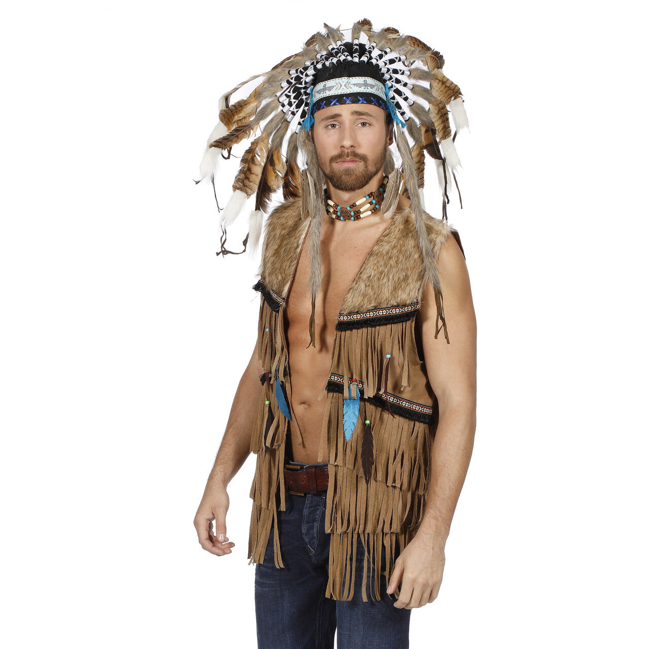Op deze afbeelding zie je een Kostuums, van het merk Wilbers. Bruin Vest Indiaan Hippie Joehoe Man