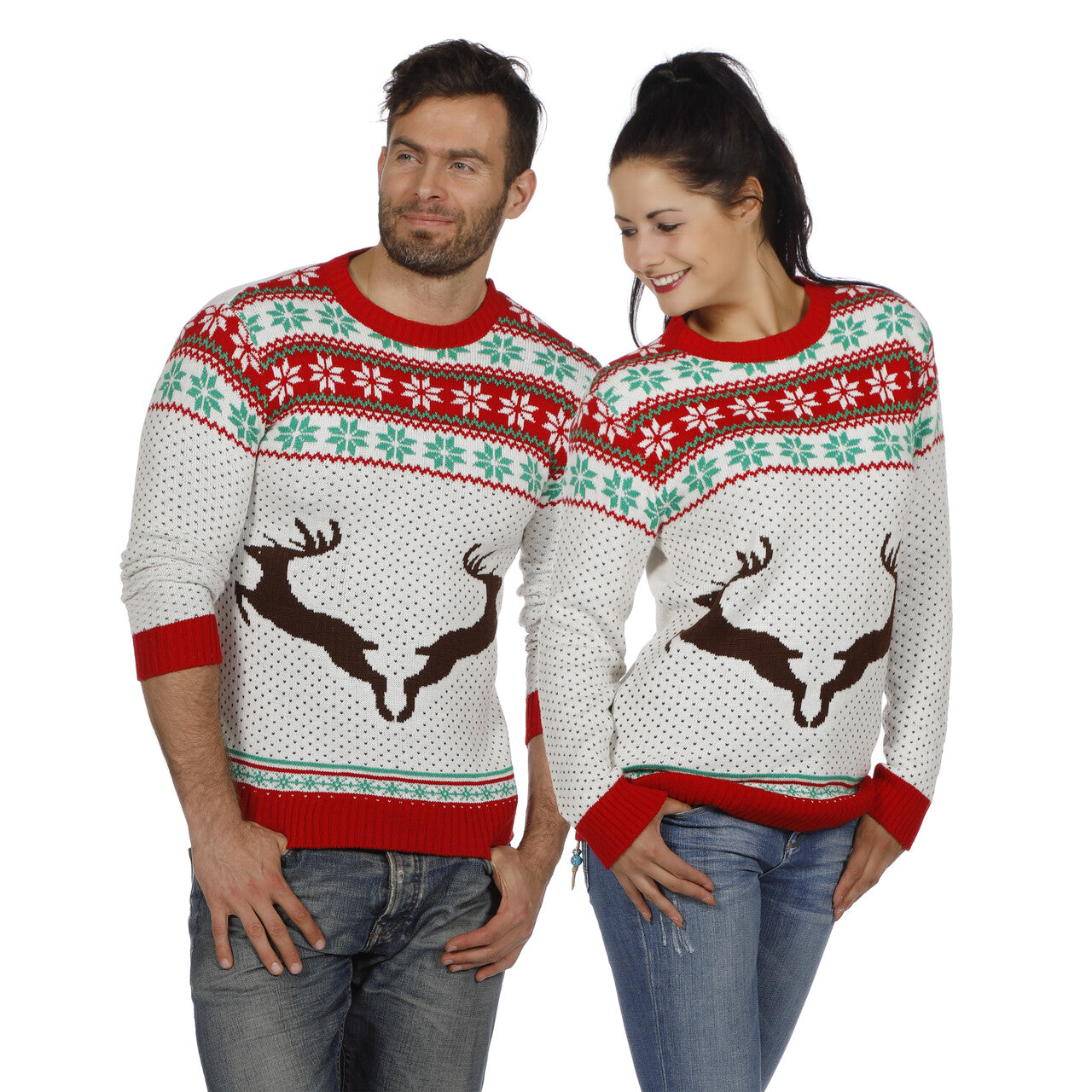 Op deze afbeelding zie je een Kostuums, van het merk Wilbers. Kersttrui Wit Met Rendieren