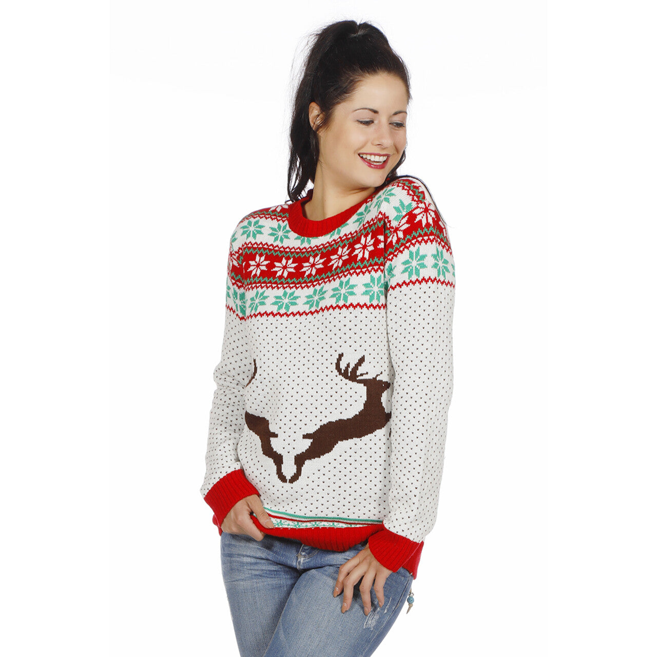 Op deze afbeelding zie je een Kostuums, van het merk Wilbers. Kersttrui Wit Met Rendieren