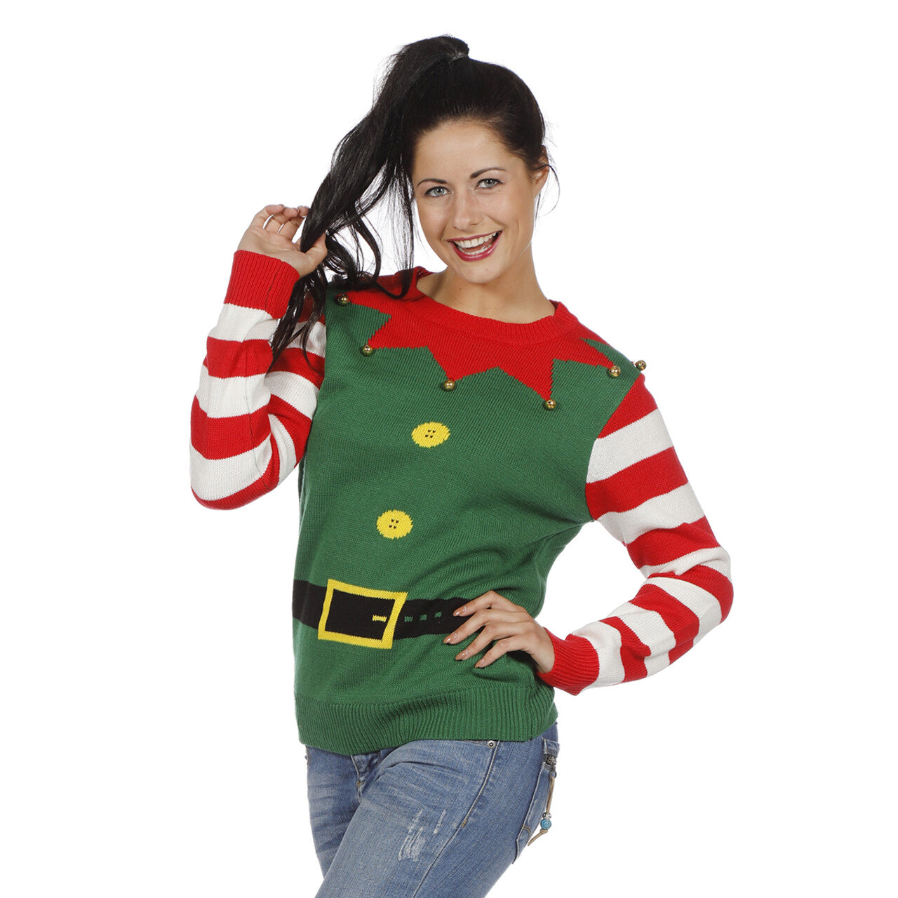 Op deze afbeelding zie je een Kostuums, van het merk Wilbers. Kersttrui Groen Kerstelf Met Leuke Belletjes