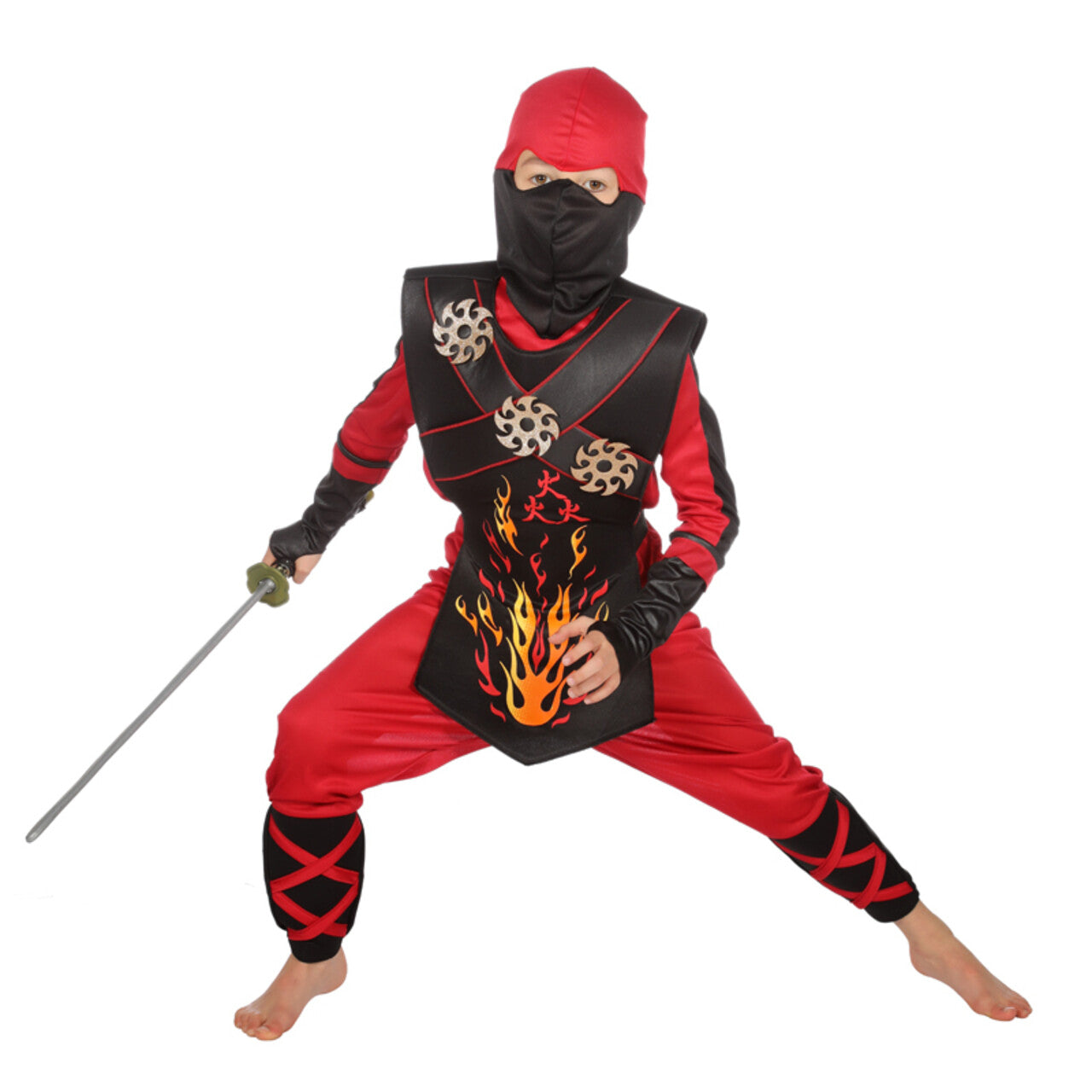 Op deze afbeelding zie je een Kostuums, van het merk Wilbers. Vurige Rode Ninja Strijder Met Werpsterren Kind Kostuum