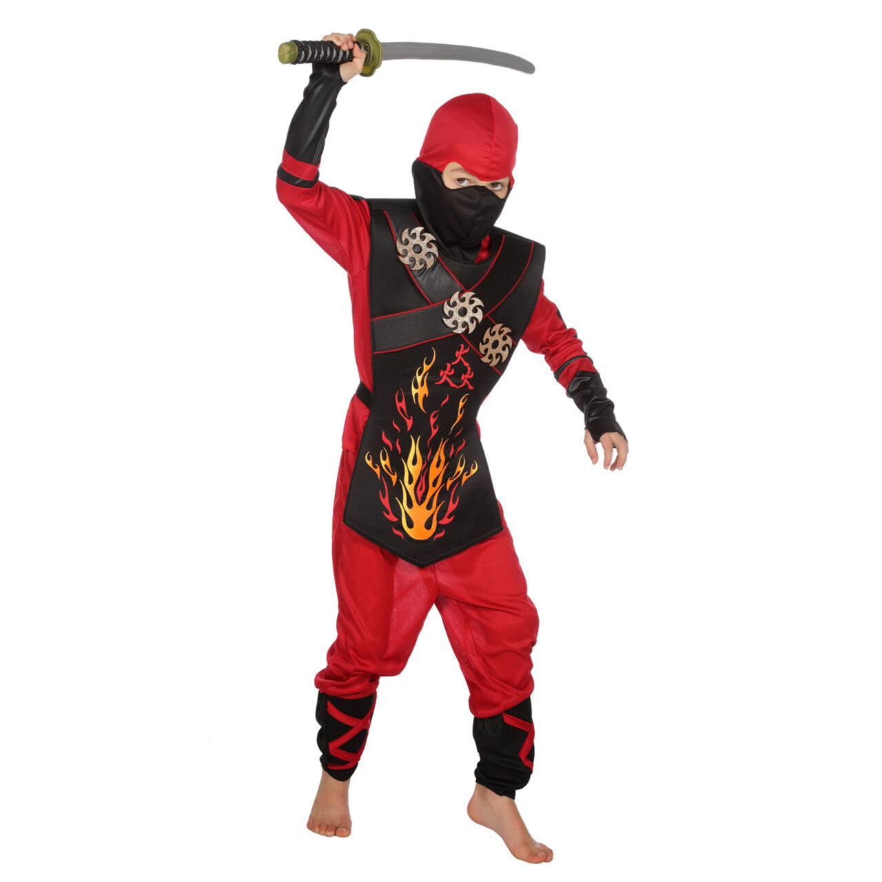 Op deze afbeelding zie je een Kostuums, van het merk Wilbers. Vurige Rode Ninja Strijder Met Werpsterren Kind Kostuum