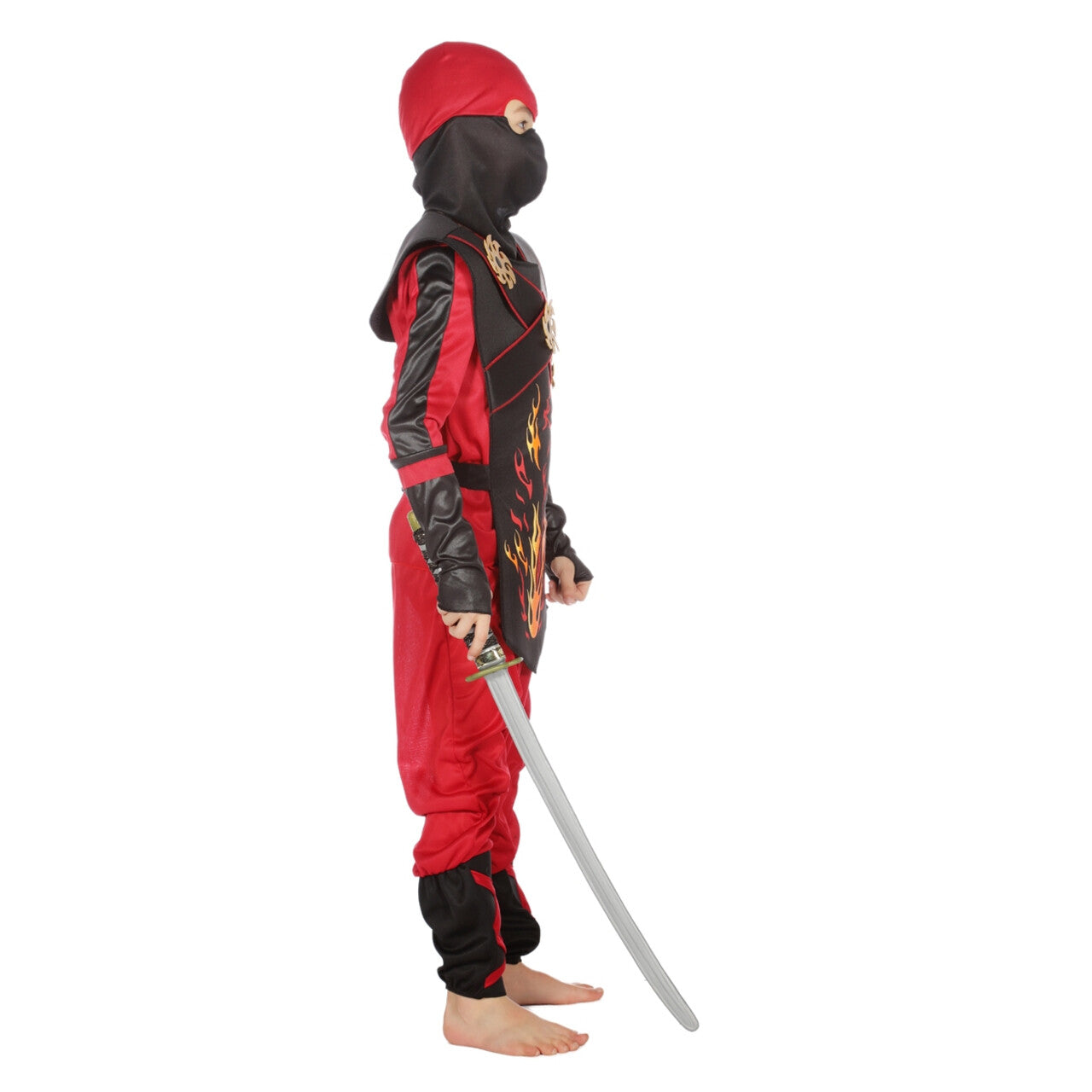Op deze afbeelding zie je een Kostuums, van het merk Wilbers. Vurige Rode Ninja Strijder Met Werpsterren Kind Kostuum
