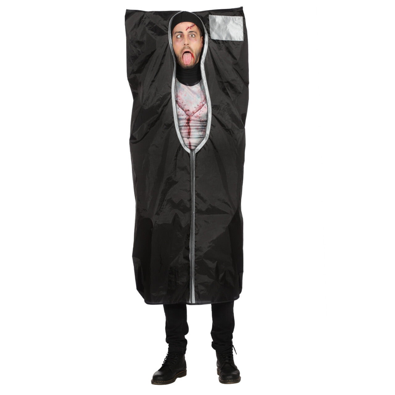 Op deze afbeelding zie je een Kostuums, van het merk Wilbers. Body Bag Unzip Zombie Man Kostuum