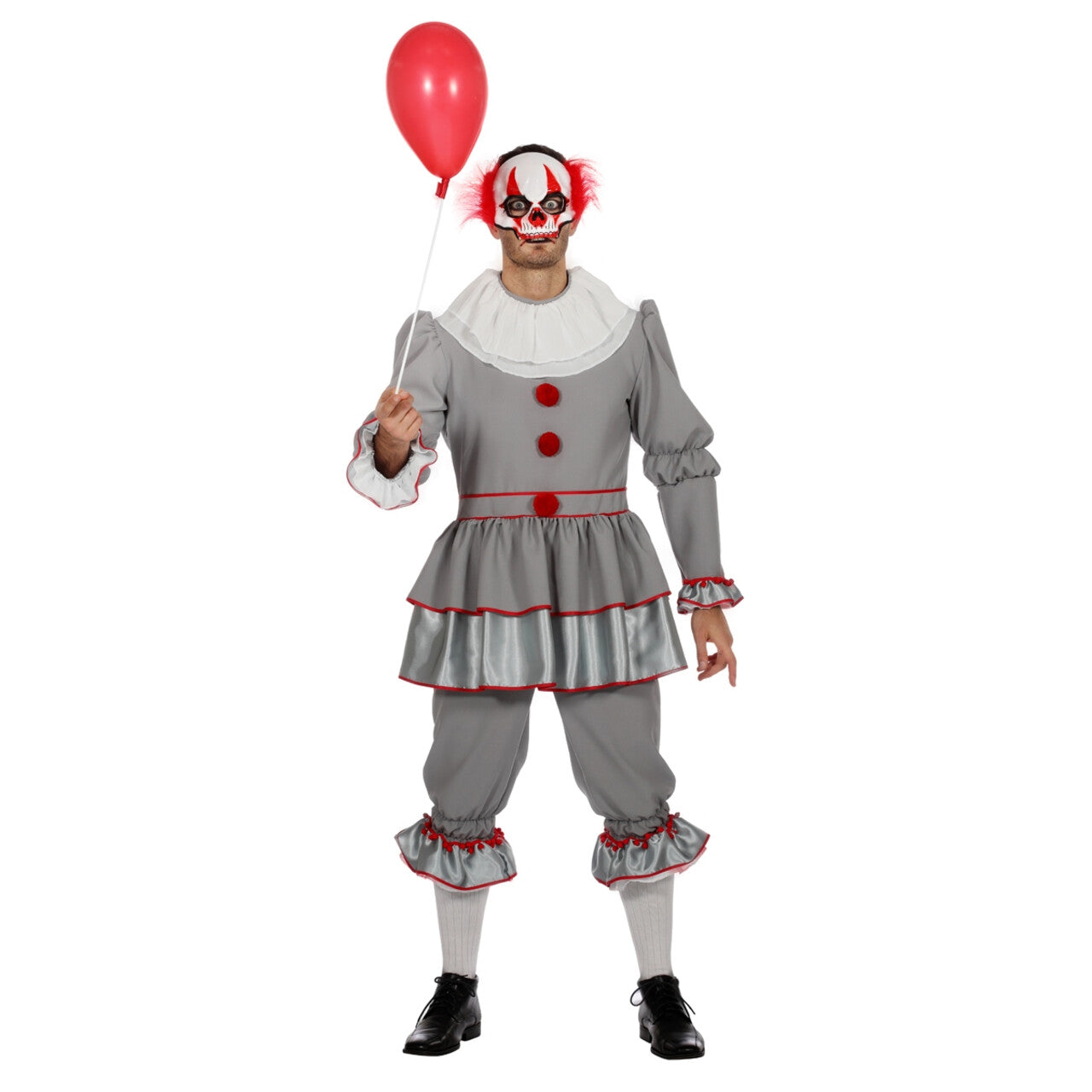 Op deze afbeelding zie je een Kostuums, van het merk Wilbers. Grijze, Gruwelijk Grijnzende Clown Halloween Man Kostuum