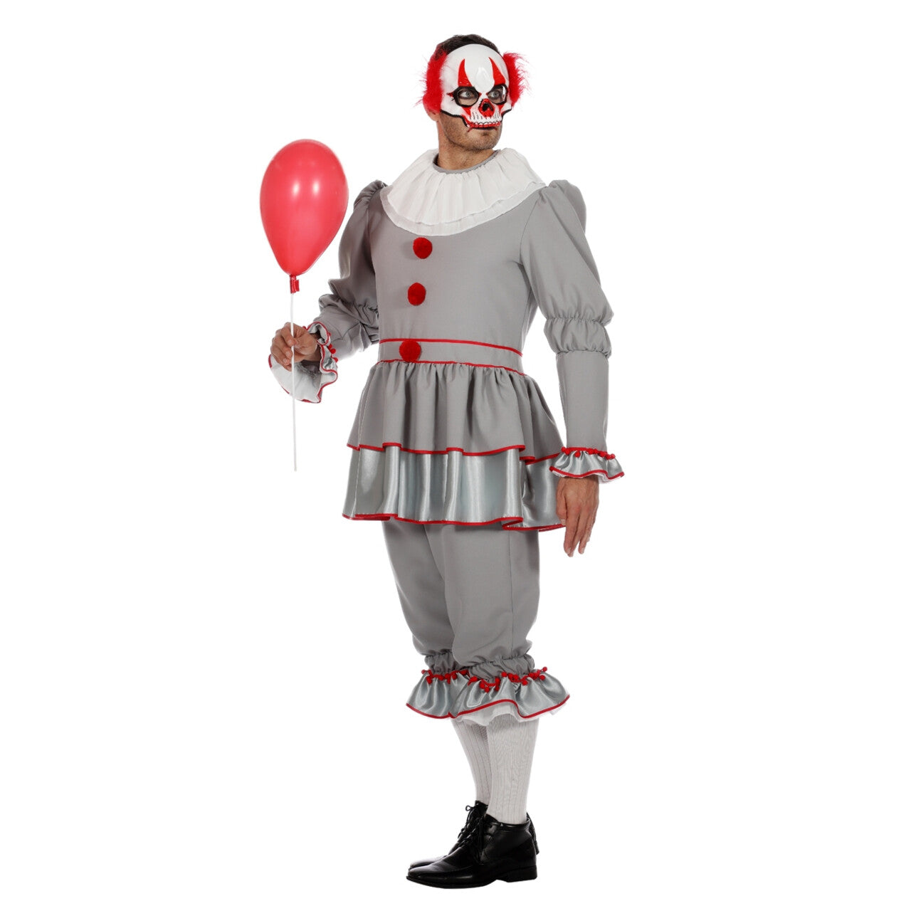 Op deze afbeelding zie je een Kostuums, van het merk Wilbers. Grijze, Gruwelijk Grijnzende Clown Halloween Man Kostuum