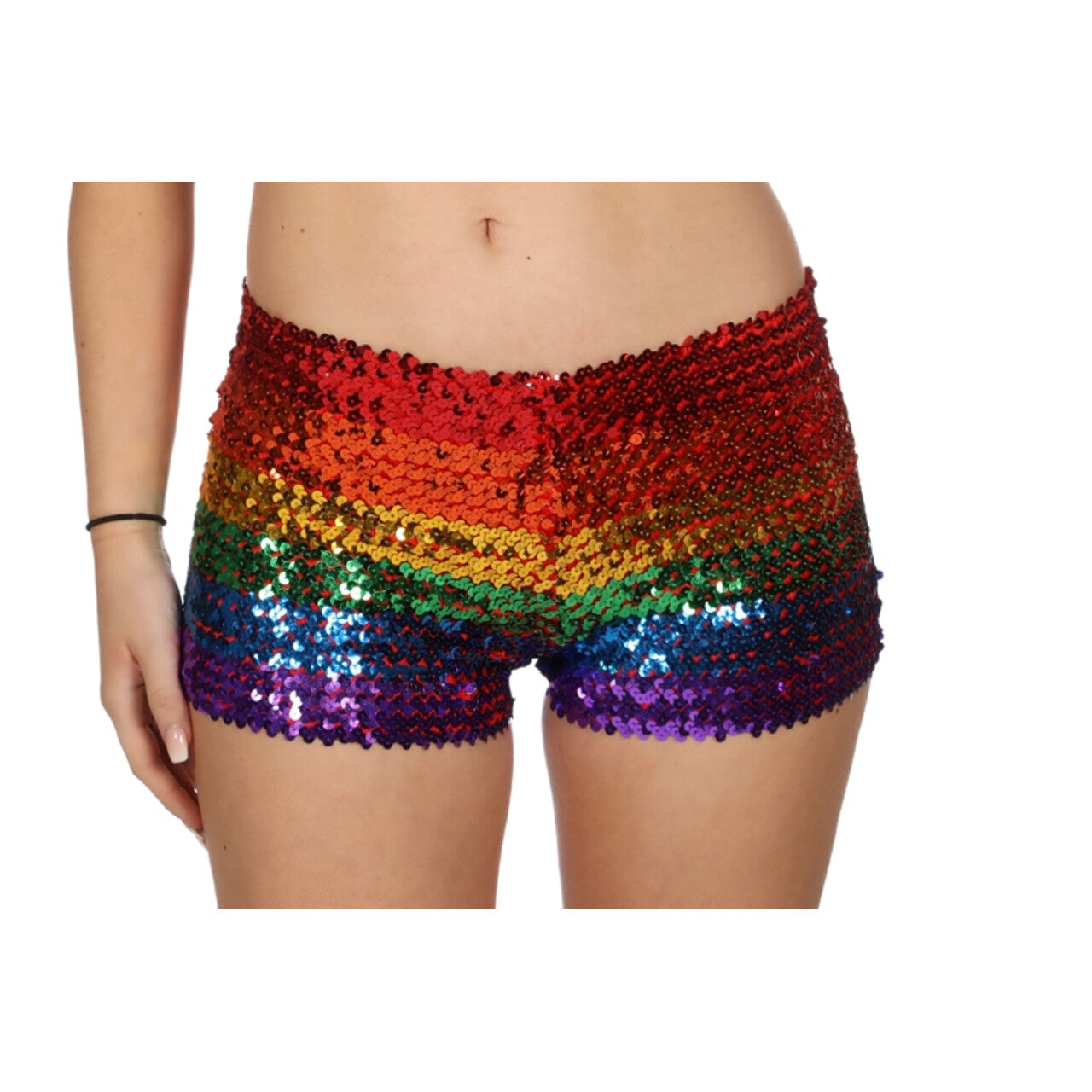 Op deze afbeelding zie je een Kostuums, van het merk Wilbers. Hotpants Pailletten Regenboog Discorama Vrouw