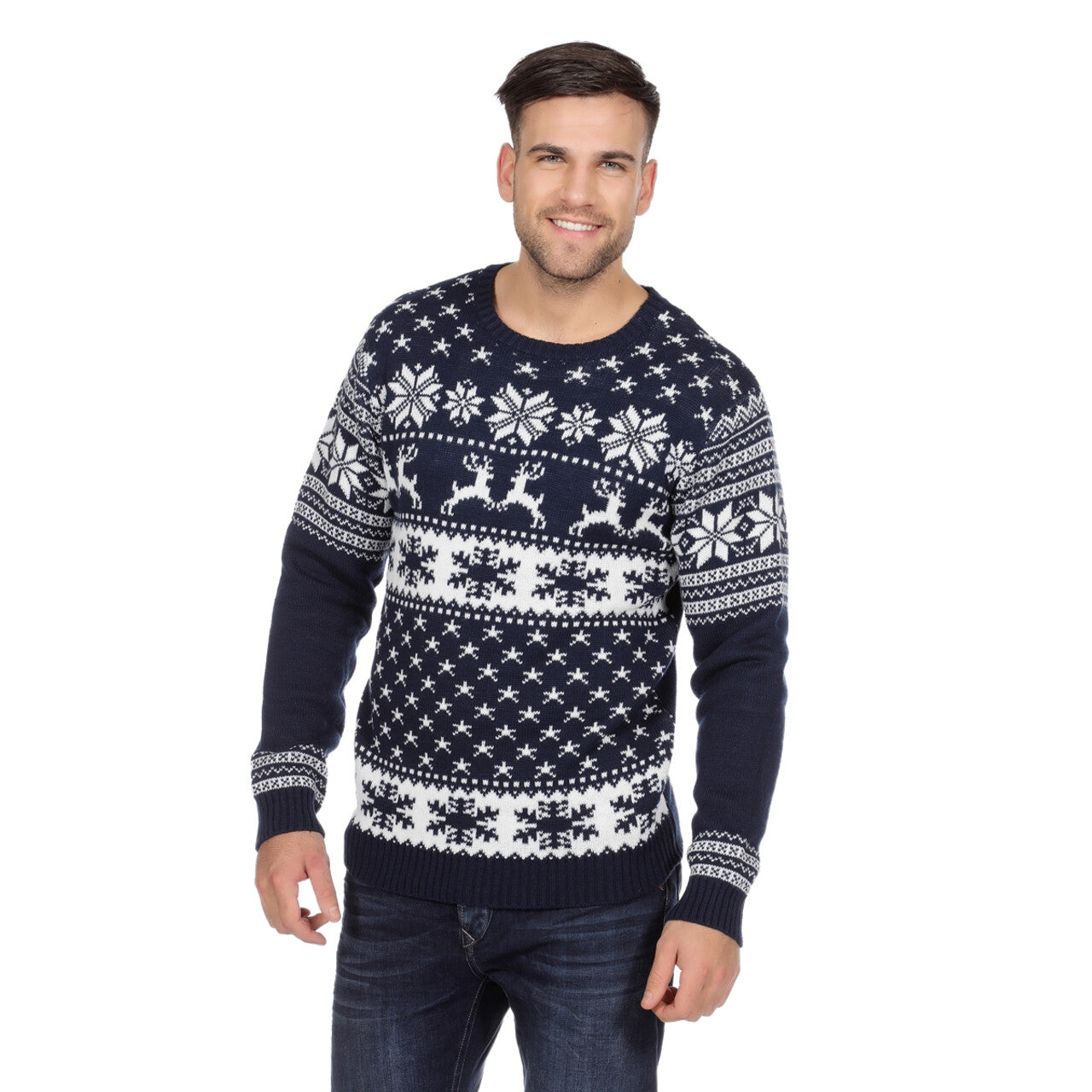Op deze afbeelding zie je een Kostuums, van het merk Wilbers. Blauw Witte Kerst Trui Rendieren En Sneeuw Man