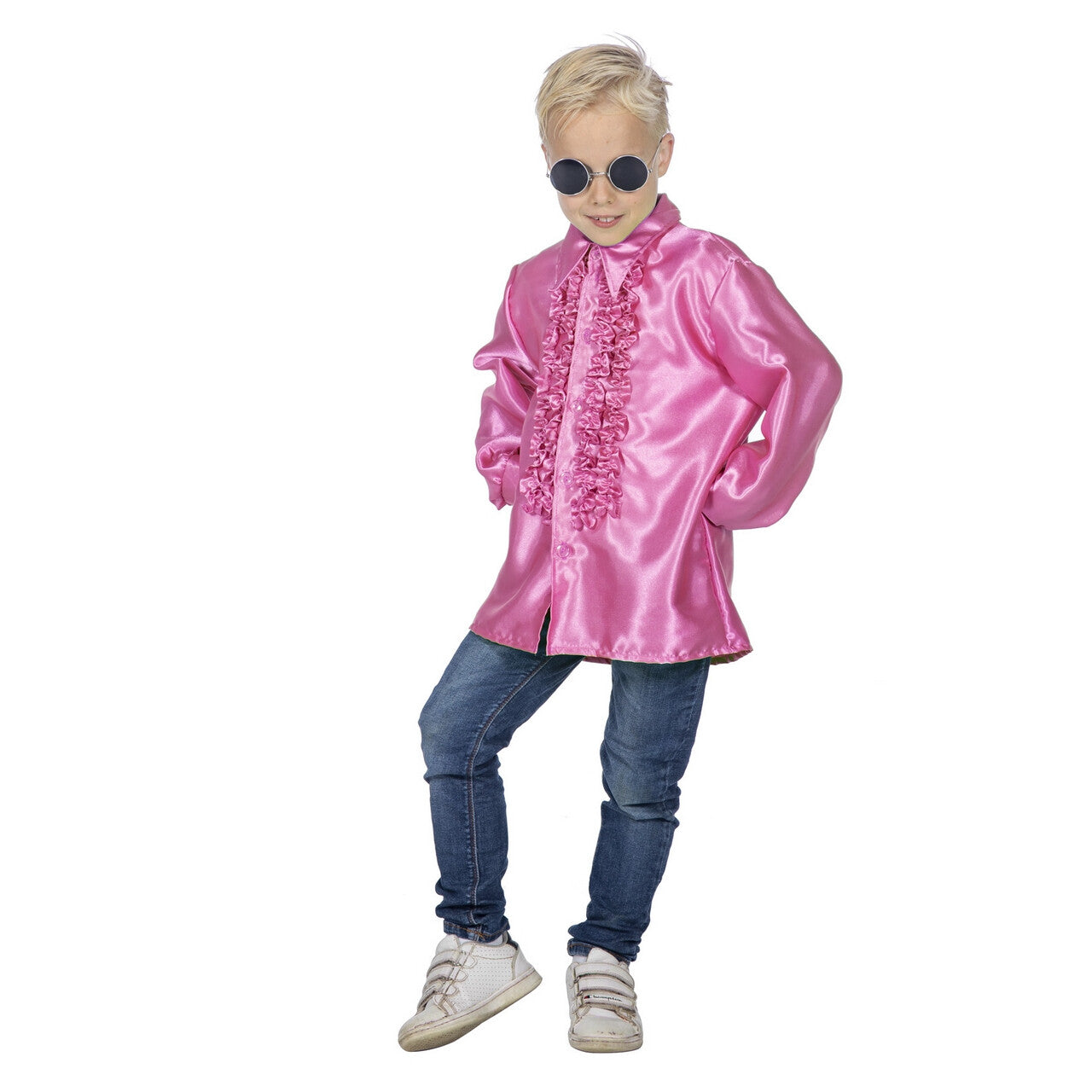 Op deze afbeelding zie je een Kostuums, van het merk Wilbers. Roze Ruchesblouse Satijn Foute Disco Kind