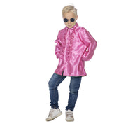 Op deze afbeelding zie je een Kostuums, van het merk Wilbers. Roze Ruchesblouse Satijn Foute Disco Kind