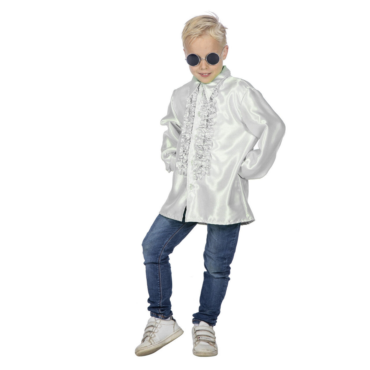Op deze afbeelding zie je een Kostuums, van het merk Wilbers. Witte Ruchesblouse Satijn Foute Disco Kind
