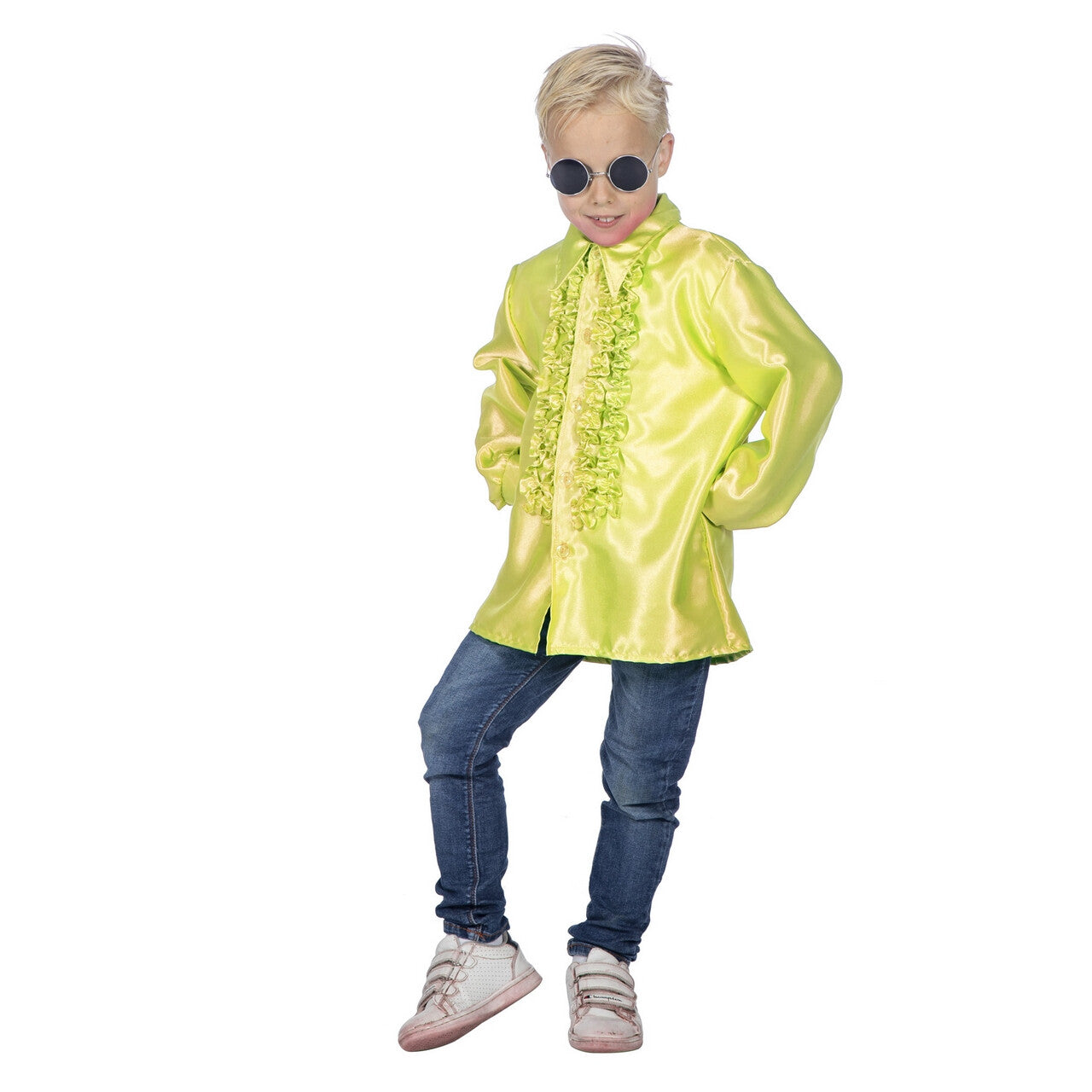 Op deze afbeelding zie je een Kostuums, van het merk Wilbers. Gele Ruchesblouse Satijn Foute Disco Kind