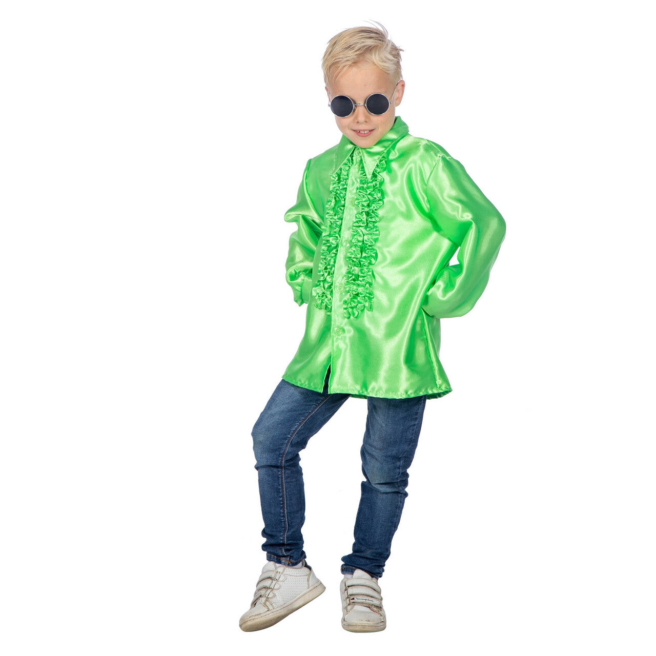 Op deze afbeelding zie je een Kostuums, van het merk Wilbers. Groene Ruchesblouse Satijn Foute Disco Kind