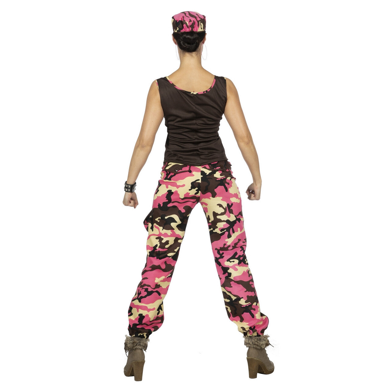 Op deze afbeelding zie je een Kostuums, van het merk Wilbers. Paramilitair Camo Carmen Roze Vrouw Kostuum