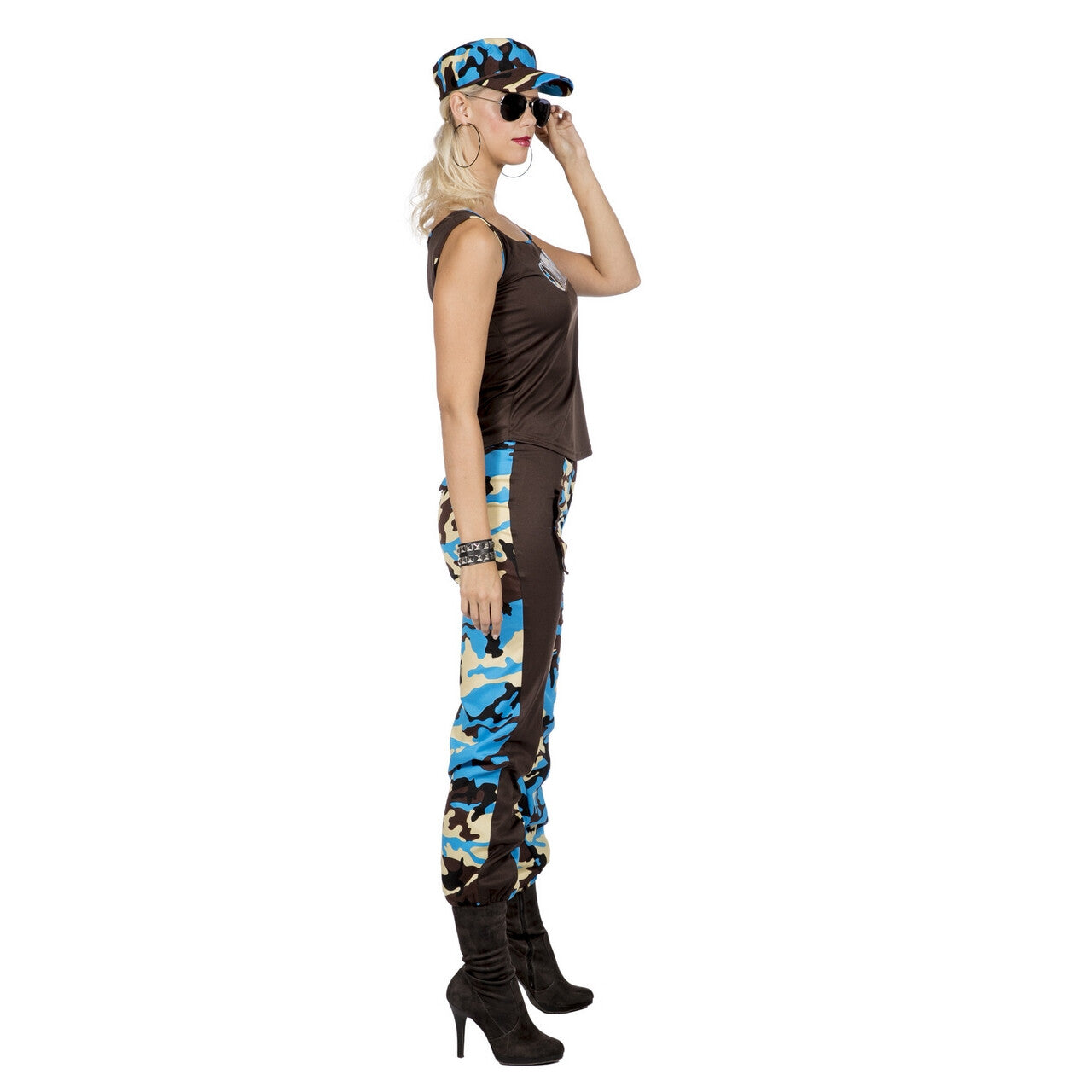Op deze afbeelding zie je een Kostuums, van het merk Wilbers. Paramilitair Camo Carmen Blauw Vrouw Kostuum