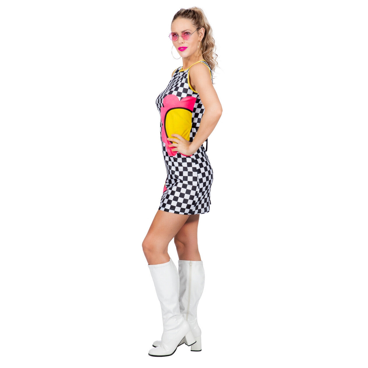 Op deze afbeelding zie je een Kostuums, van het merk Wilbers. Geblokt Jaren 60 Flower Power Geblokt Vrouw Kostuum