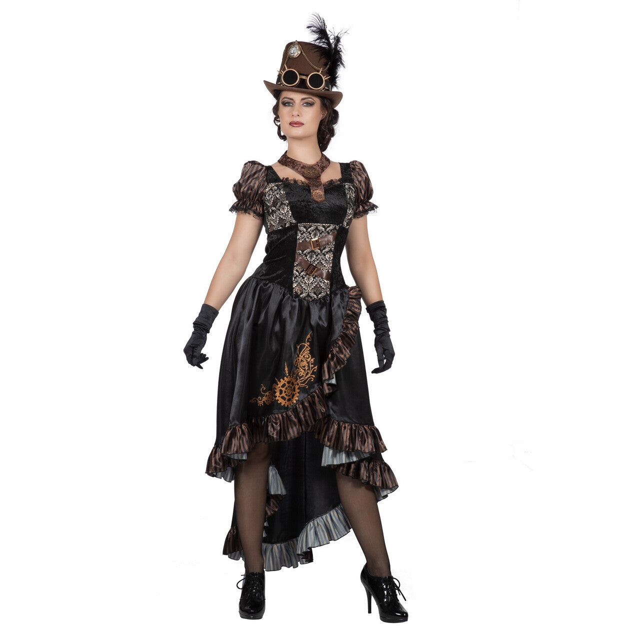 Op deze afbeelding zie je een Kostuums, van het merk Wilbers. Zwart Glanzend Steampunk Met Tandwielen Vrouw Kostuum