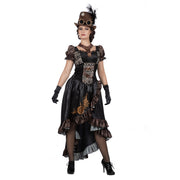 Op deze afbeelding zie je een Kostuums, van het merk Wilbers. Zwart Glanzend Steampunk Met Tandwielen Vrouw Kostuum