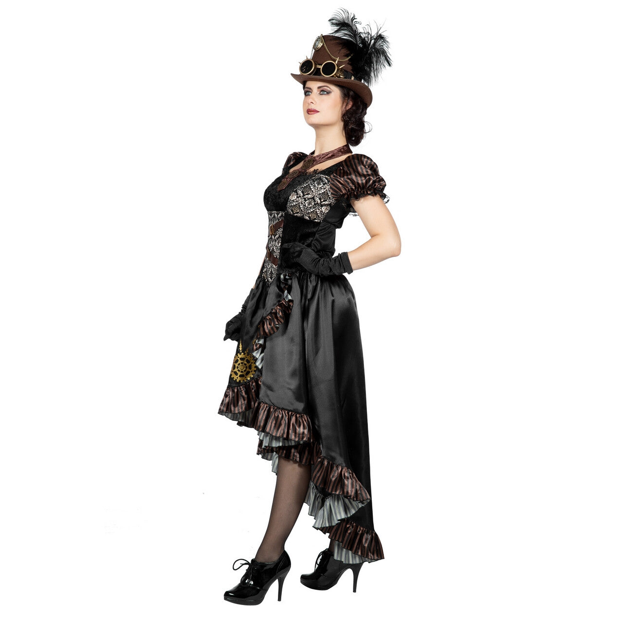 Op deze afbeelding zie je een Kostuums, van het merk Wilbers. Zwart Glanzend Steampunk Met Tandwielen Vrouw Kostuum