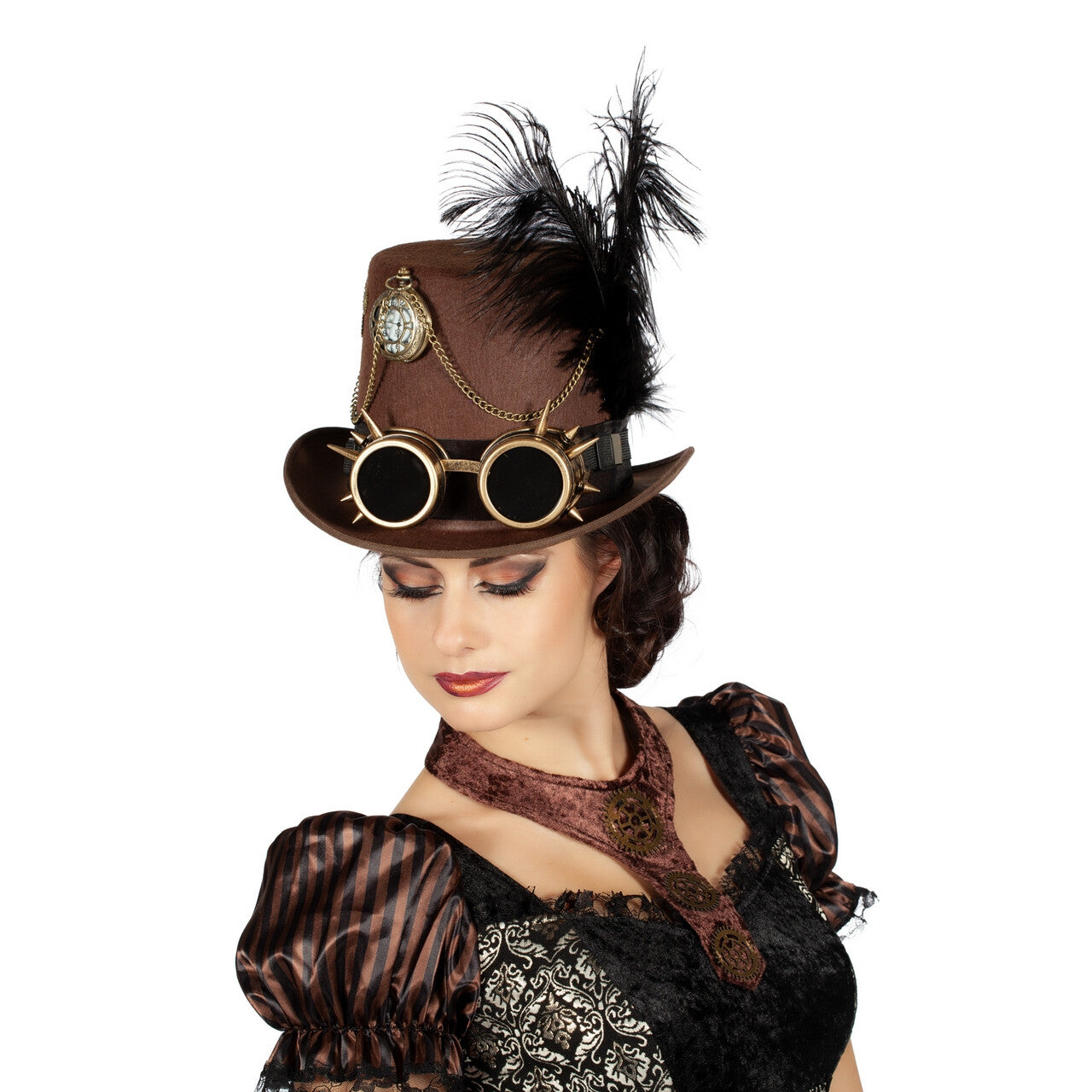 Op deze afbeelding zie je een Kostuums, van het merk Wilbers. Zwart Glanzend Steampunk Met Tandwielen Vrouw Kostuum