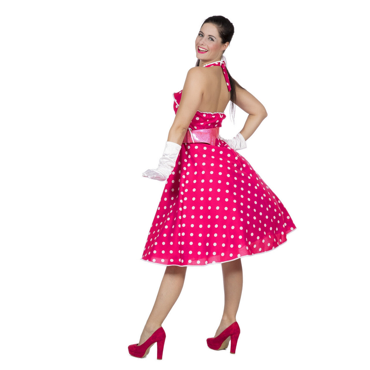 Op deze afbeelding zie je een Kostuums, van het merk Wilbers. Jaren 50 Roze Stippen Swingdress Met Riem Vrouw Kostuum