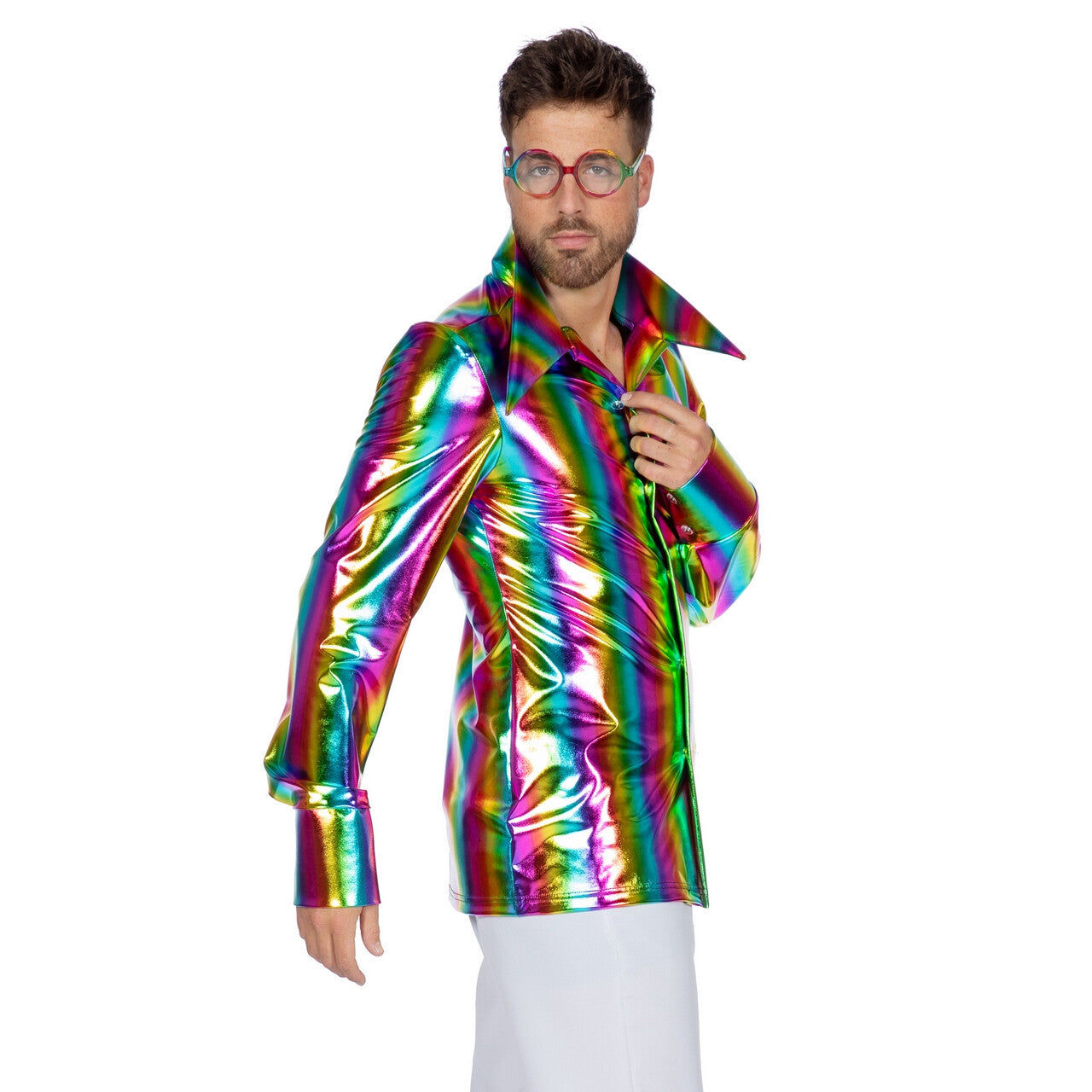 Op deze afbeelding zie je een Kostuums, van het merk Wilbers. Festival Overhemd Stralend Glinsterende Regenboog Man