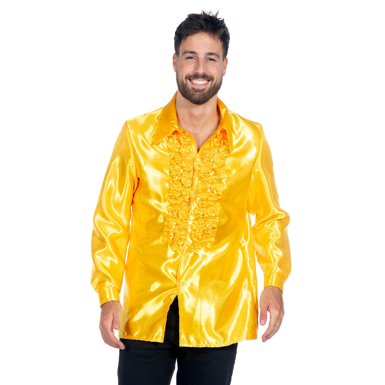 Op deze afbeelding zie je een Kostuums, van het merk Wilbers. Knallend Gele Foute Ruches Blouse Satijn Disco Party Man