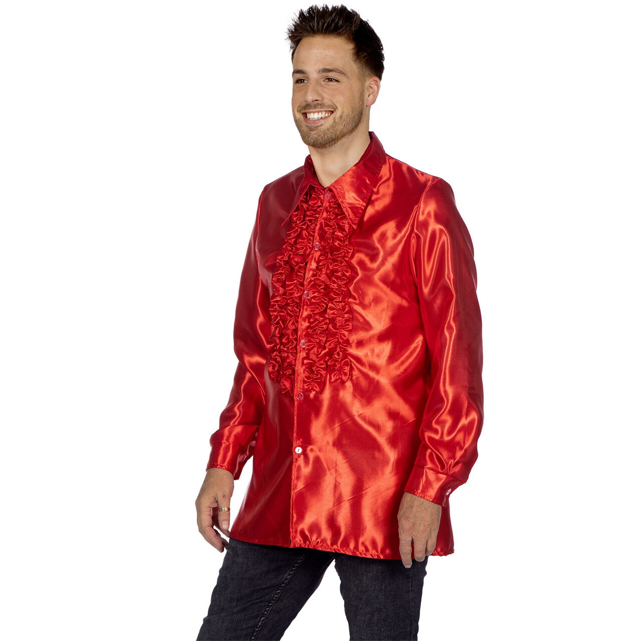Op deze afbeelding zie je een Kostuums, van het merk Wilbers. Knallend Rode Foute Ruchesblouse Satijn Disco Party Man