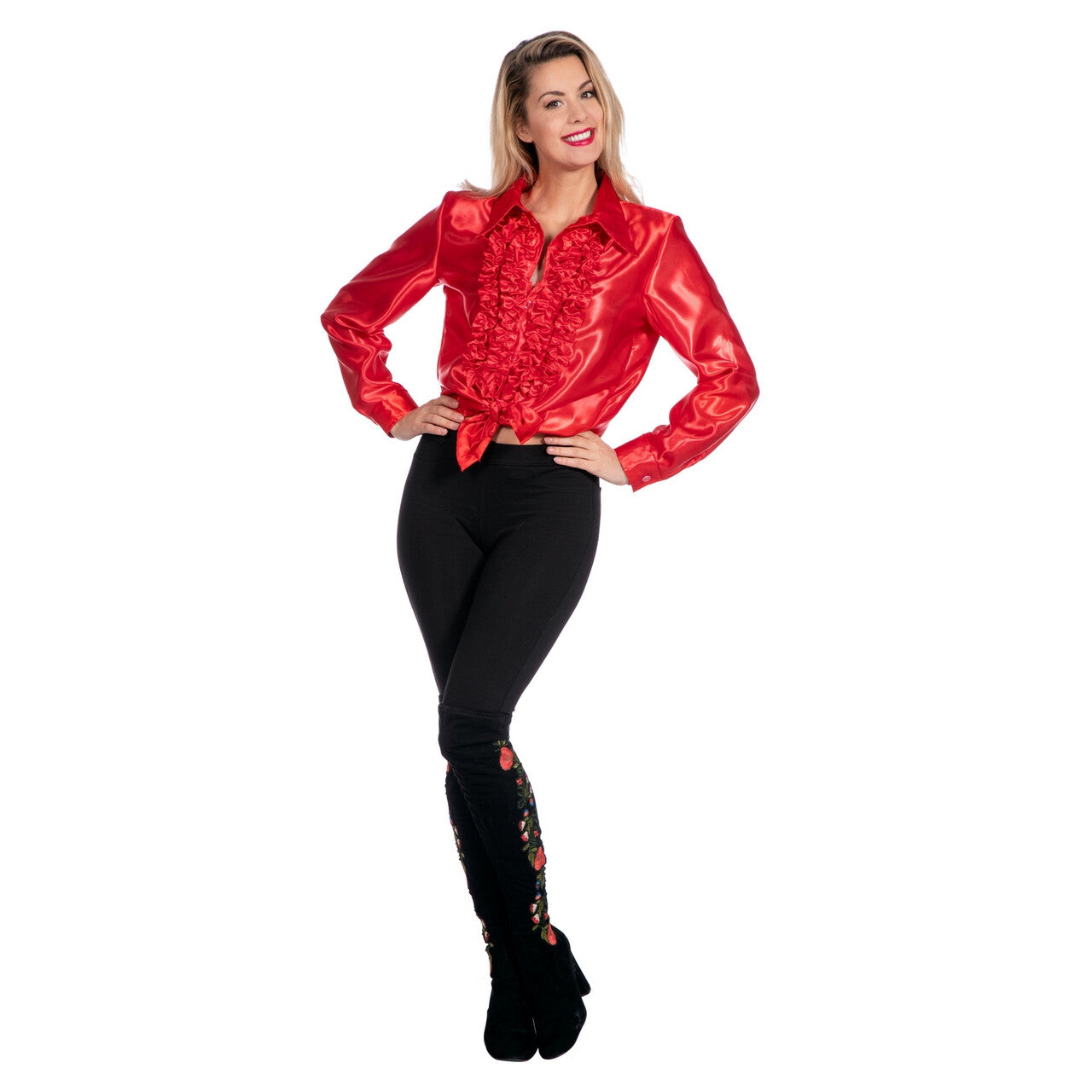 Op deze afbeelding zie je een Kostuums, van het merk Wilbers. Knallend Rode Foute Ruchesblouse Satijn Disco Party Man
