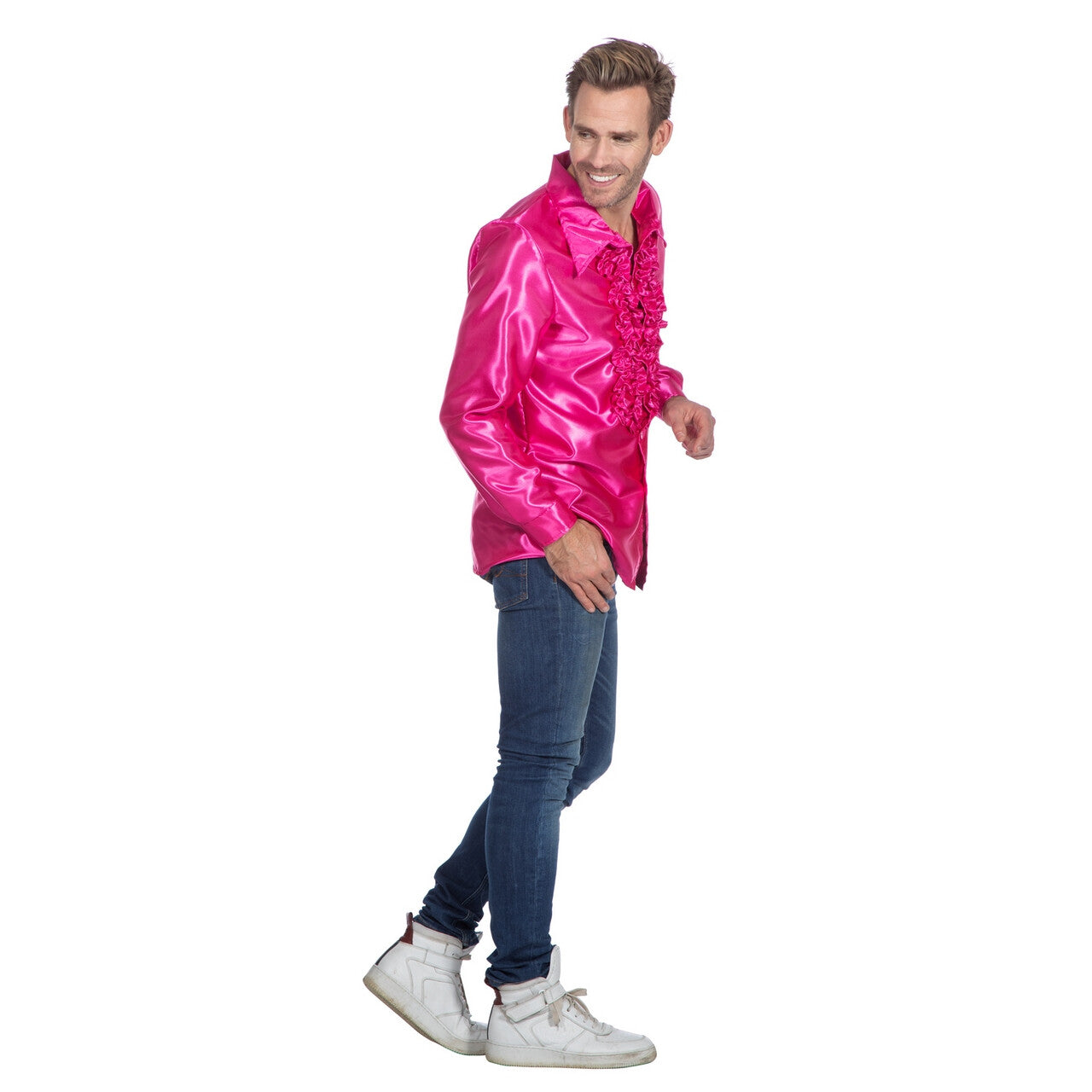 Op deze afbeelding zie je een Kostuums, van het merk Wilbers. Roze Ruches Blouse Satijn Foute Disco