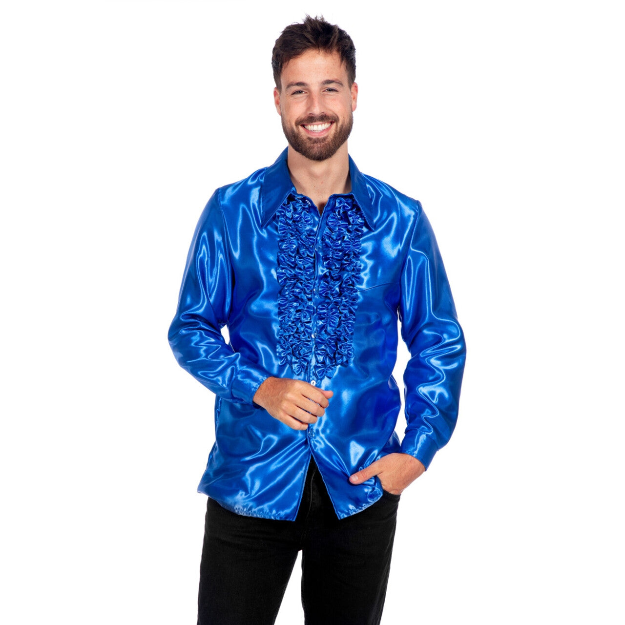 Op deze afbeelding zie je een Kostuums, van het merk Wilbers. Blauwe Ruches Blouse Satijn Foute Disco