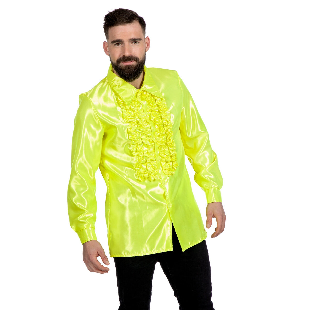 Op deze afbeelding zie je een Kostuums, van het merk Wilbers. Neon Gele Ruchesblouse Satijn Foute Neon Disco