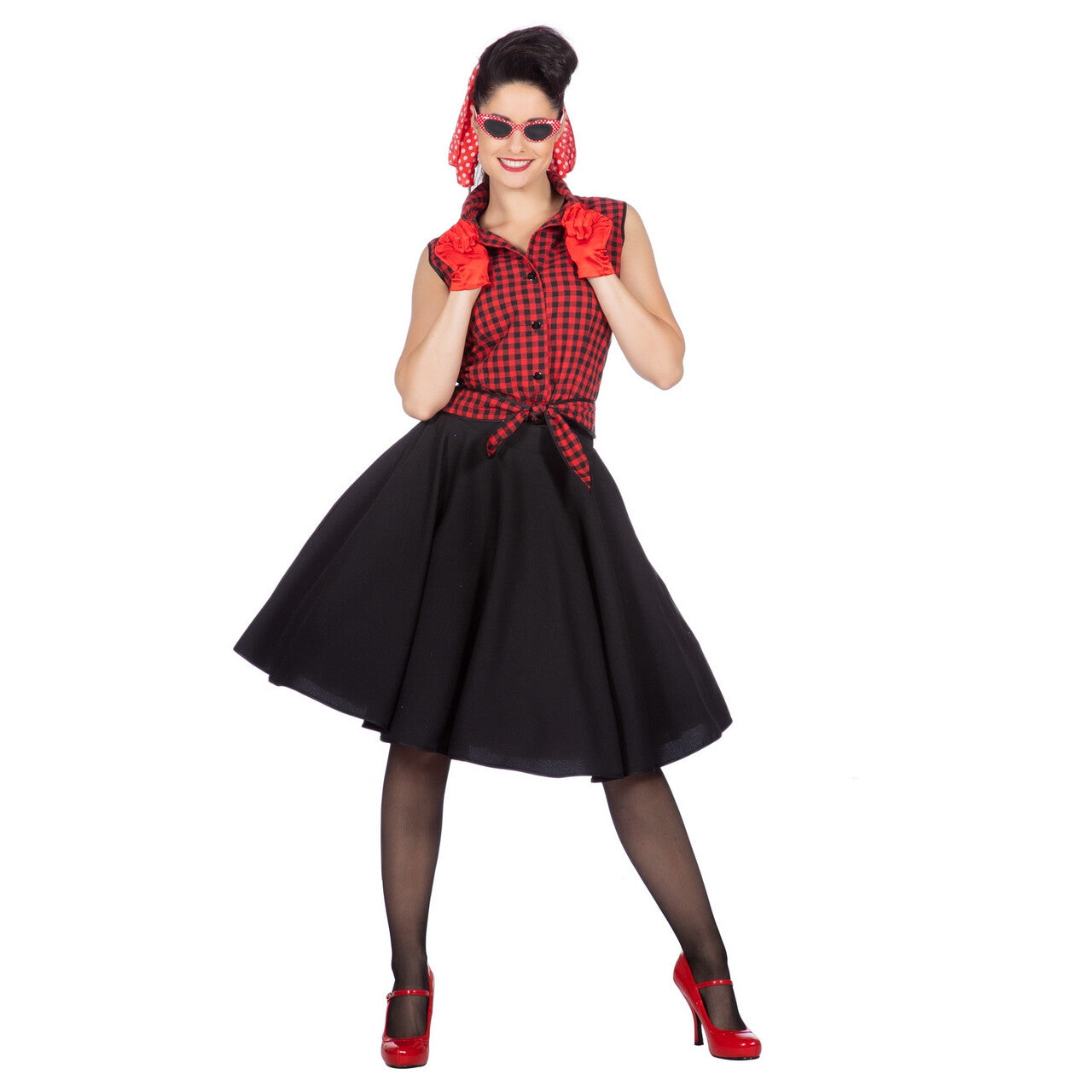Op deze afbeelding zie je een Kostuums, van het merk Wilbers. Rockabilly Rode Rizzo Vrouw Kostuum