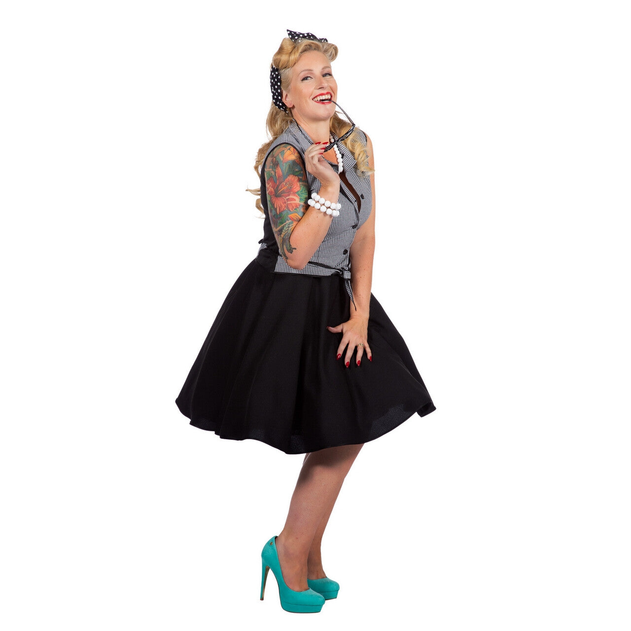 Op deze afbeelding zie je een Kostuums, van het merk Wilbers. Rockabilly Grijze Rizzo Vrouw Kostuum