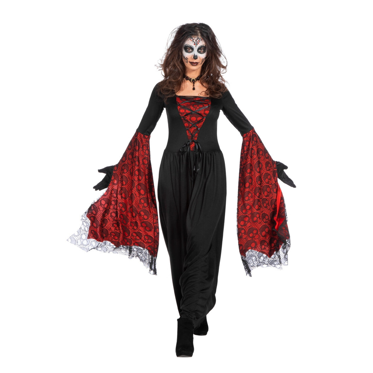 Op deze afbeelding zie je een Kostuums, van het merk Wilbers. Vleermuisjurk Cruella De Los Muertos Vrouw