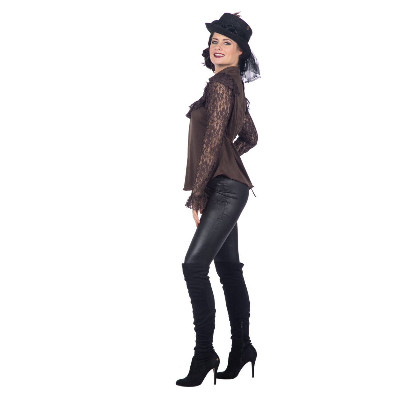 Op deze afbeelding zie je een Kostuums, van het merk Wilbers. Sexy Kanten Blouse Bruin Vrouw