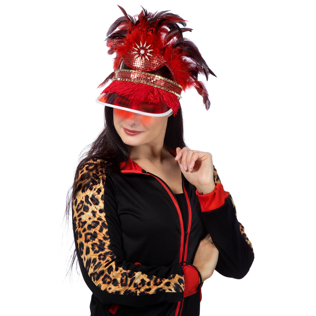 Op deze afbeelding zie je een Accessoires, van het merk Wilbers. Rode Zomercarnaval Veren Zonneklep