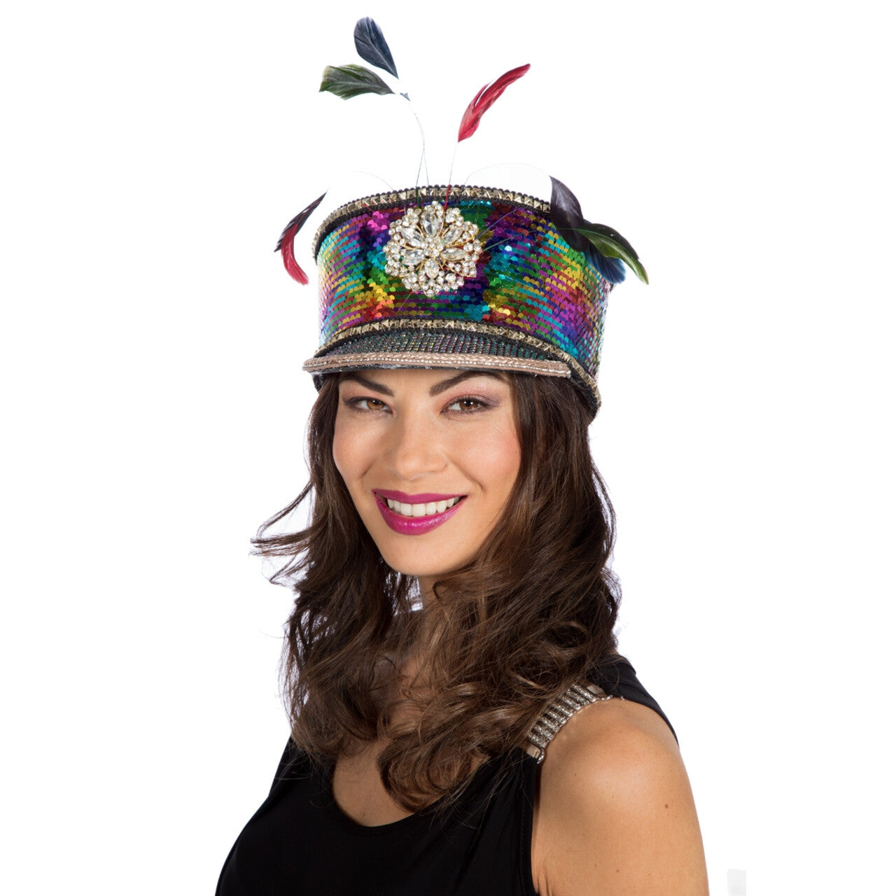 Op deze afbeelding zie je een Accessoires, van het merk Wilbers. Stralende Regenboog Met Veren Pailletten Hoed Burning Man