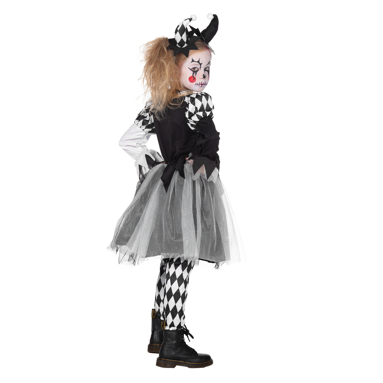 Op deze afbeelding zie je een Kostuums, van het merk Wilbers. Duistere Enge Zwart Wit Clown Meisje Kostuum
