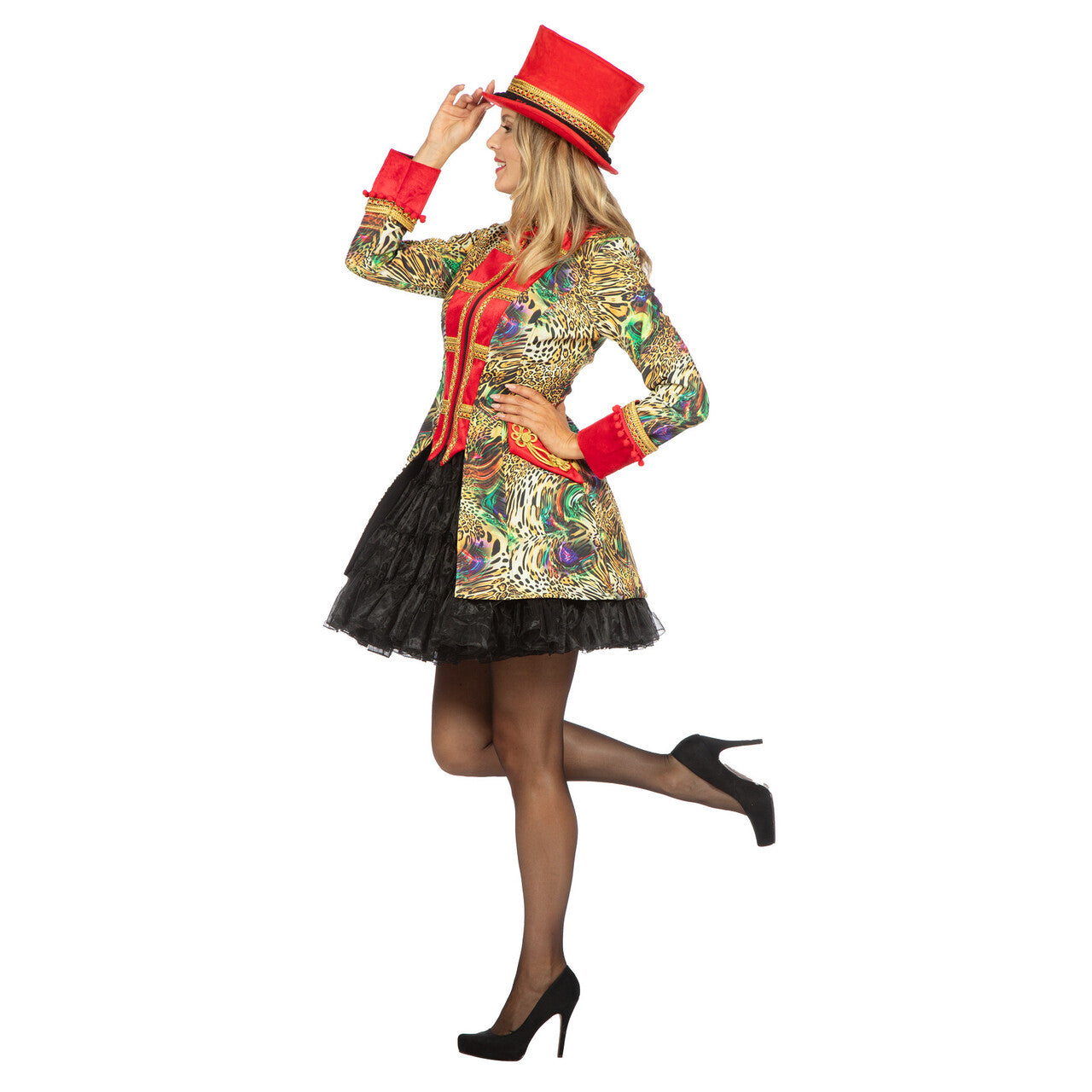 Op deze afbeelding zie je een Kostuums, van het merk Wilbers. Luxe Panterwilde Jas Rood Vrouw