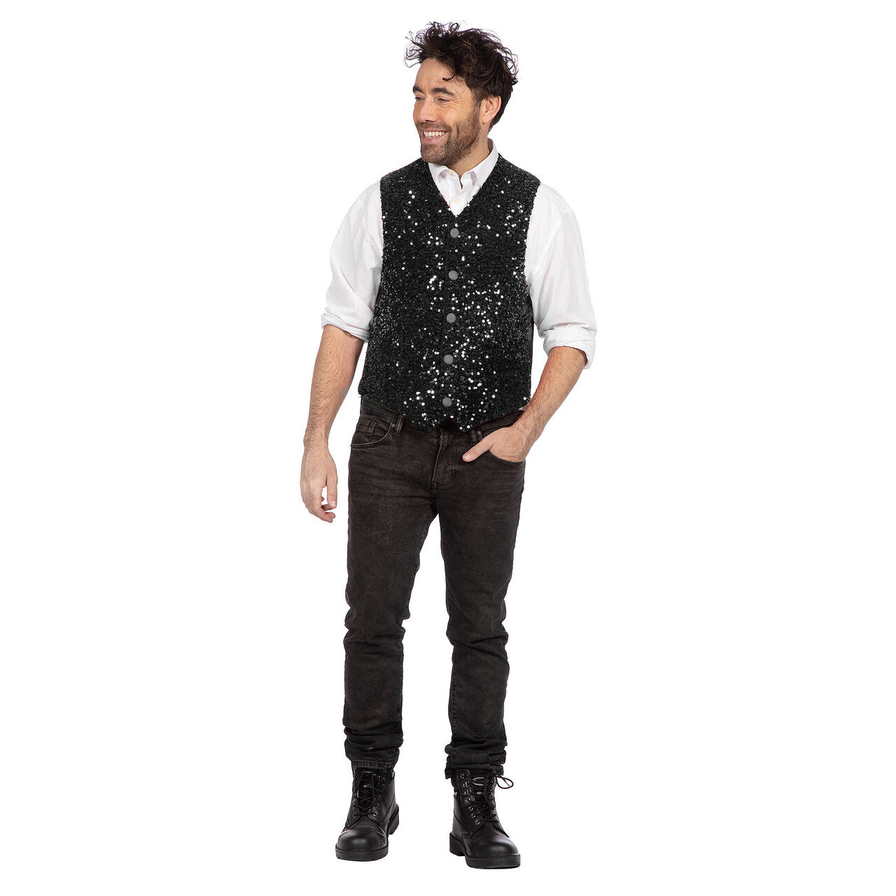 Op deze afbeelding zie je een Kostuums, van het merk Wilbers. Glitter Gladiool Pailletten Gilet Zwart Man
