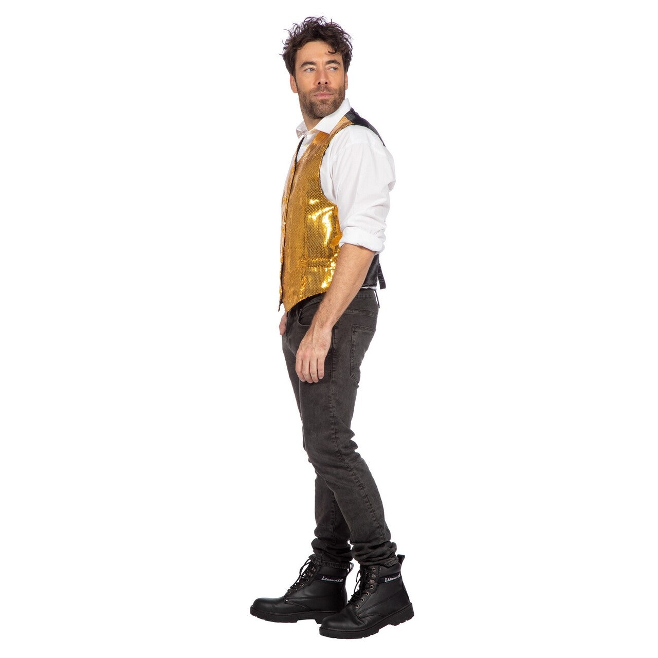 Op deze afbeelding zie je een Kostuums, van het merk Wilbers. Showstopper Pailletten Gilet Goud Man